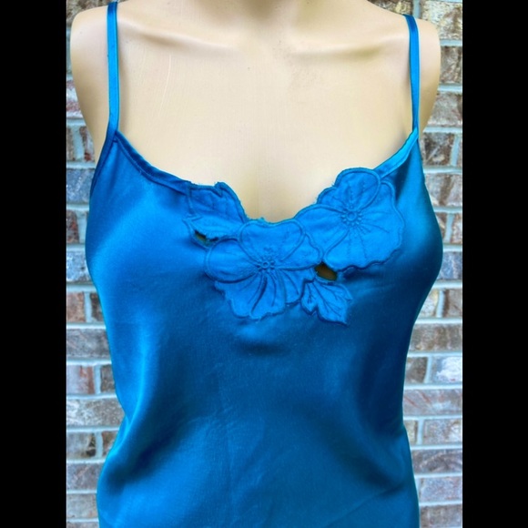 Vintage California Dynasty Blue Cerulean Silky Floral Detail Chemise Slip - Picture 4 of 12
